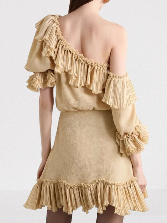 Beige One-Shoulder Ruffled Mini Dress - Dresses