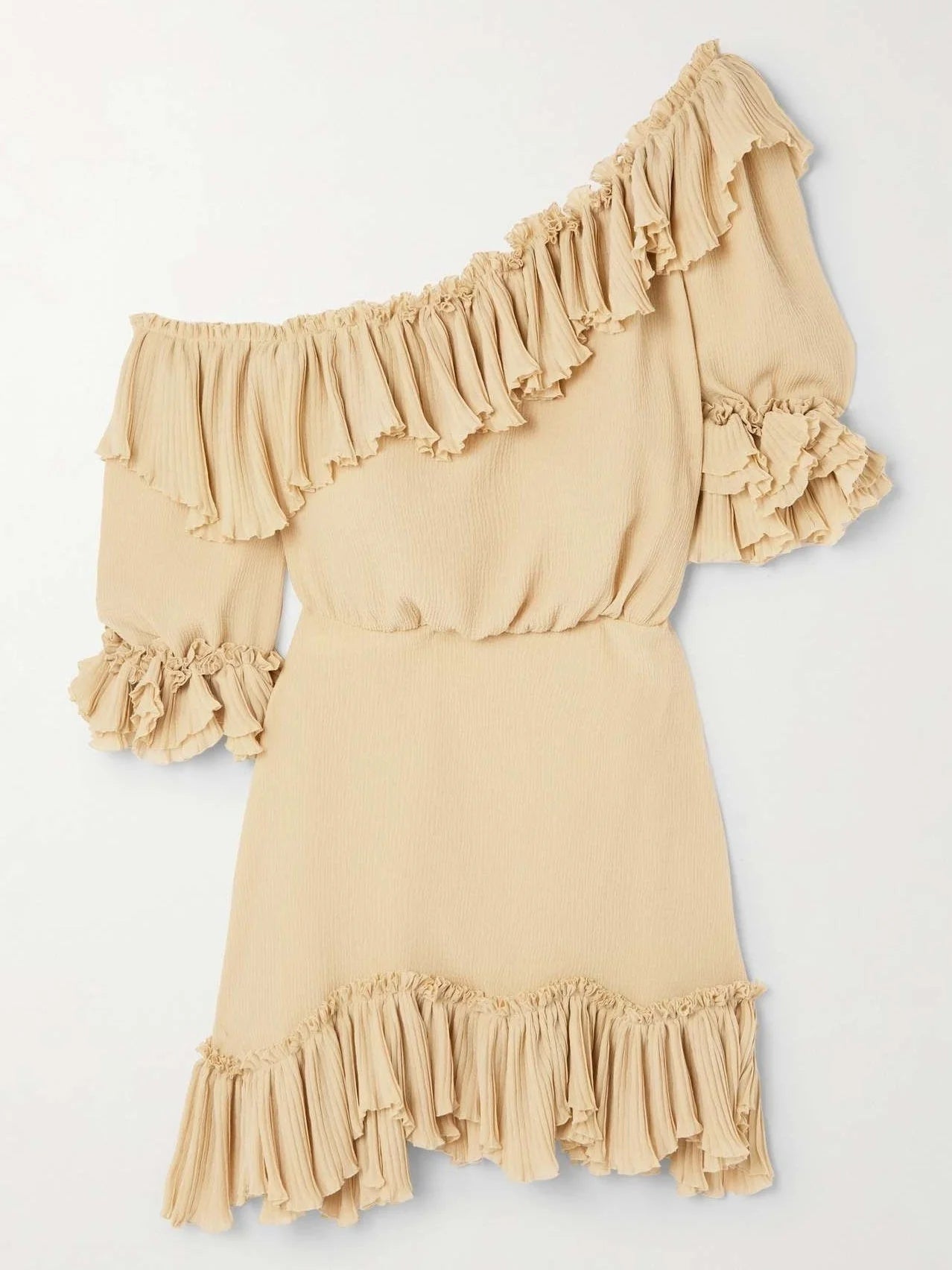 Beige One-Shoulder Ruffled Mini Dress - Dresses