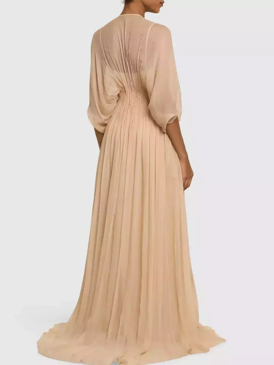 Beige Pintuck Button-Down Silk Maxi Dress - Dresses