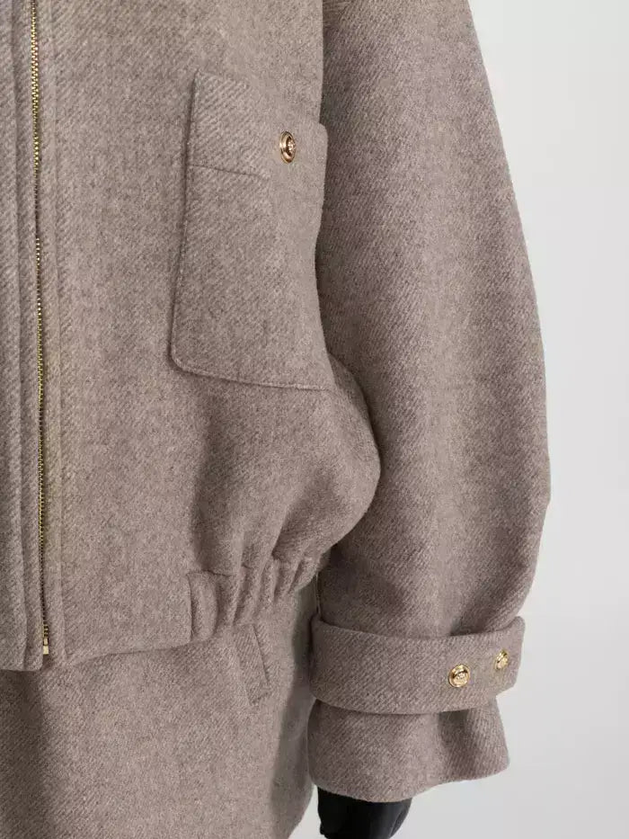 Beige Wool-Blend Bomber Jacket and Skirt Set - Suits & Sets