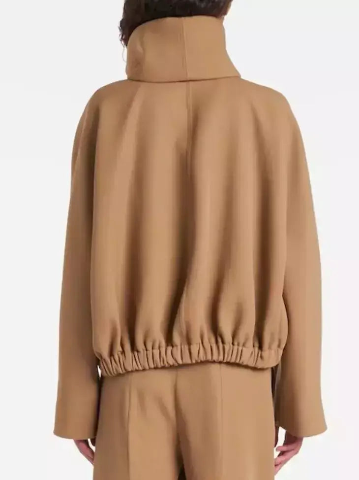 Beige Wool-Drill Bomber Jacket with Roll-Neck - Jackets