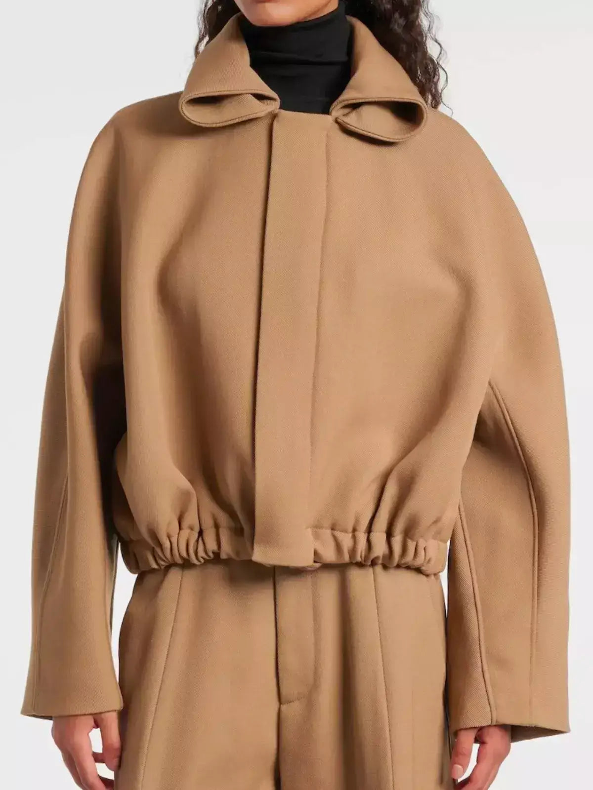 Beige Wool-Drill Bomber Jacket with Roll-Neck - Small - Jackets