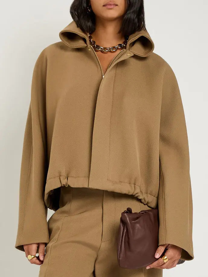 Beige Wool-Drill Bomber Jacket with Roll-Neck - Jackets