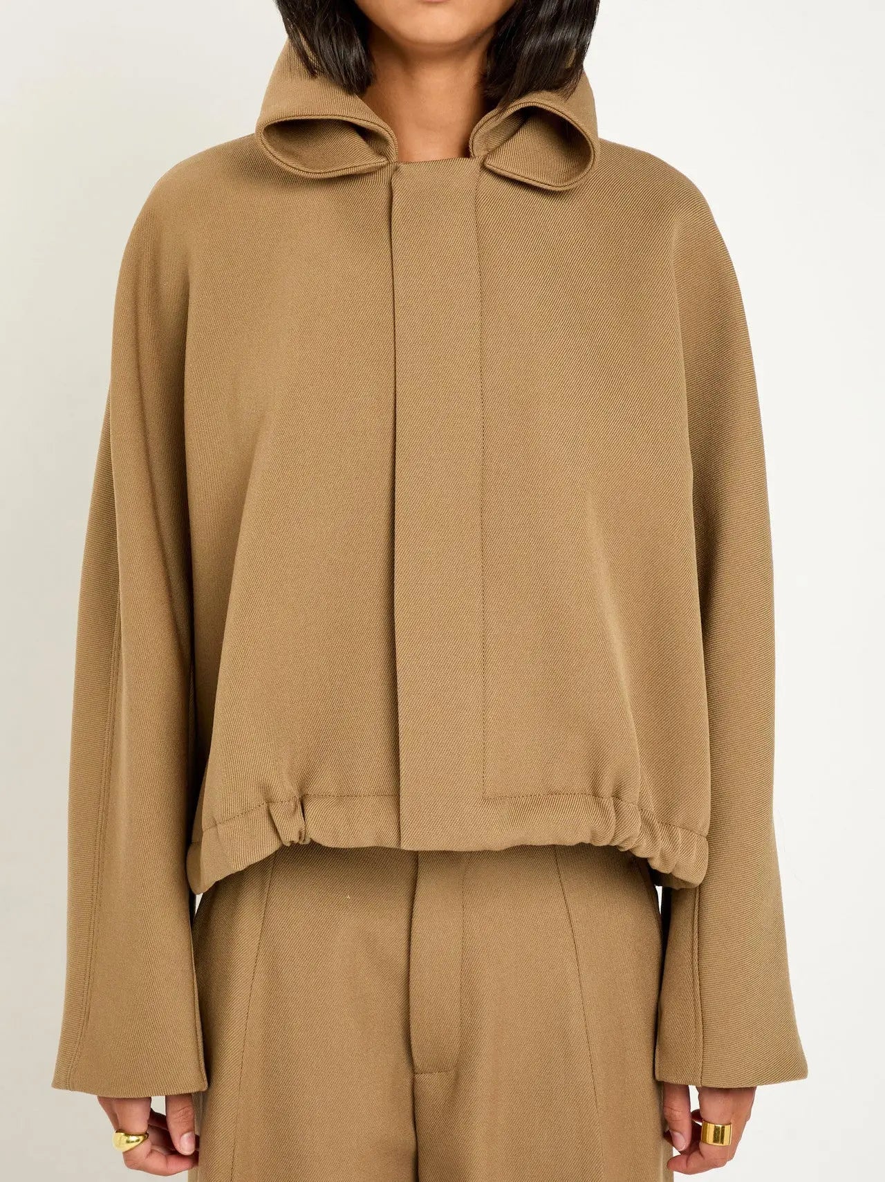 Beige Wool-Drill Bomber Jacket with Roll-Neck - Jackets