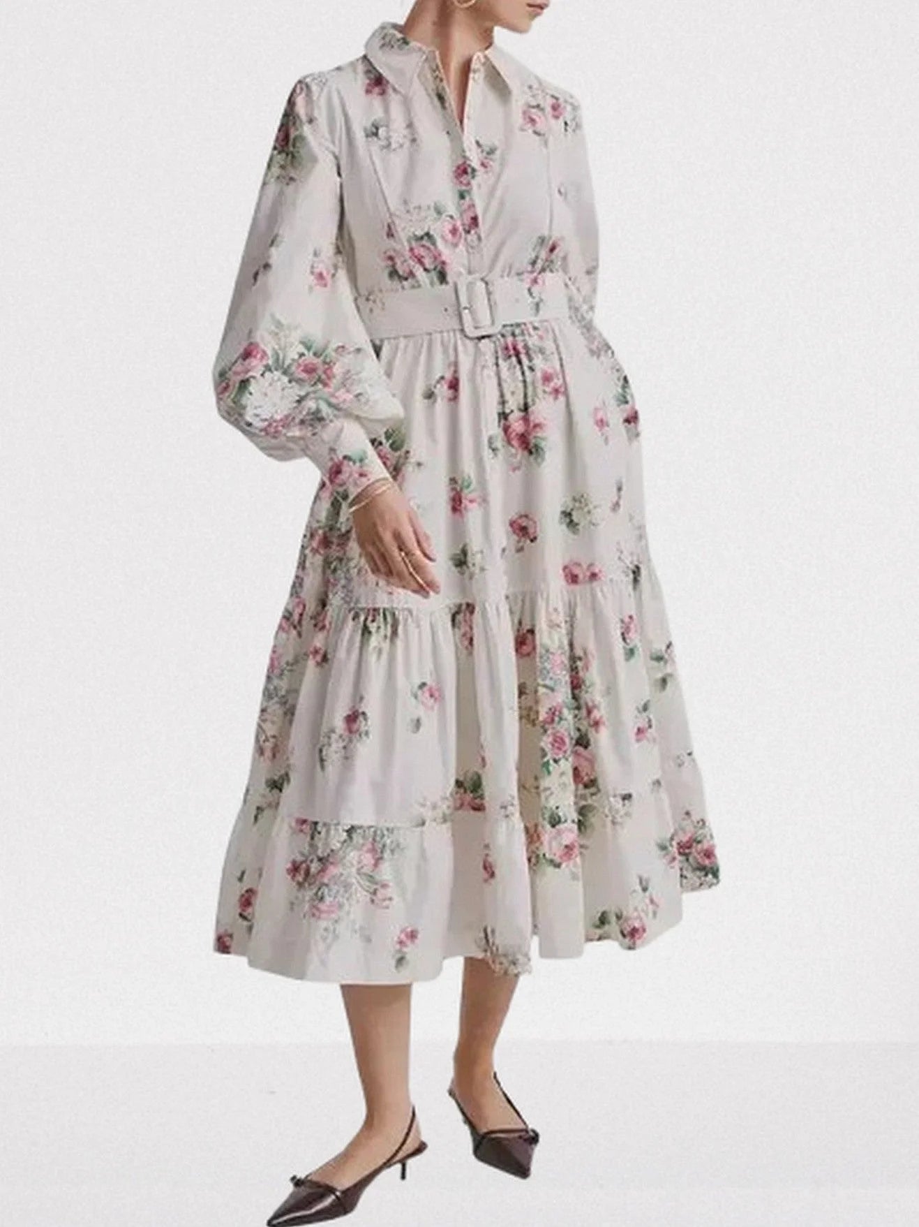 Belted Floral Bouquet Print Bishop-Sleeve Dress - S / White - Dresses