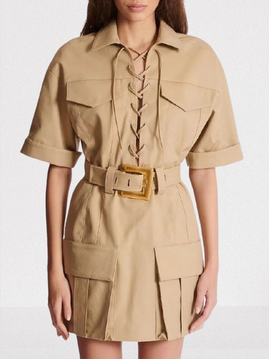 Belted Lace-Up Cotton Mini Dress - Dresses