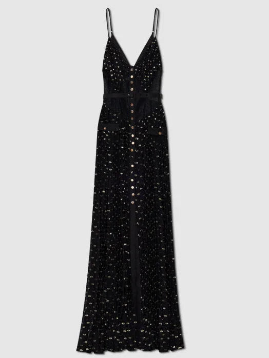 Belted Black Gold-Spotted Chiffon Maxi Dress - Dresses