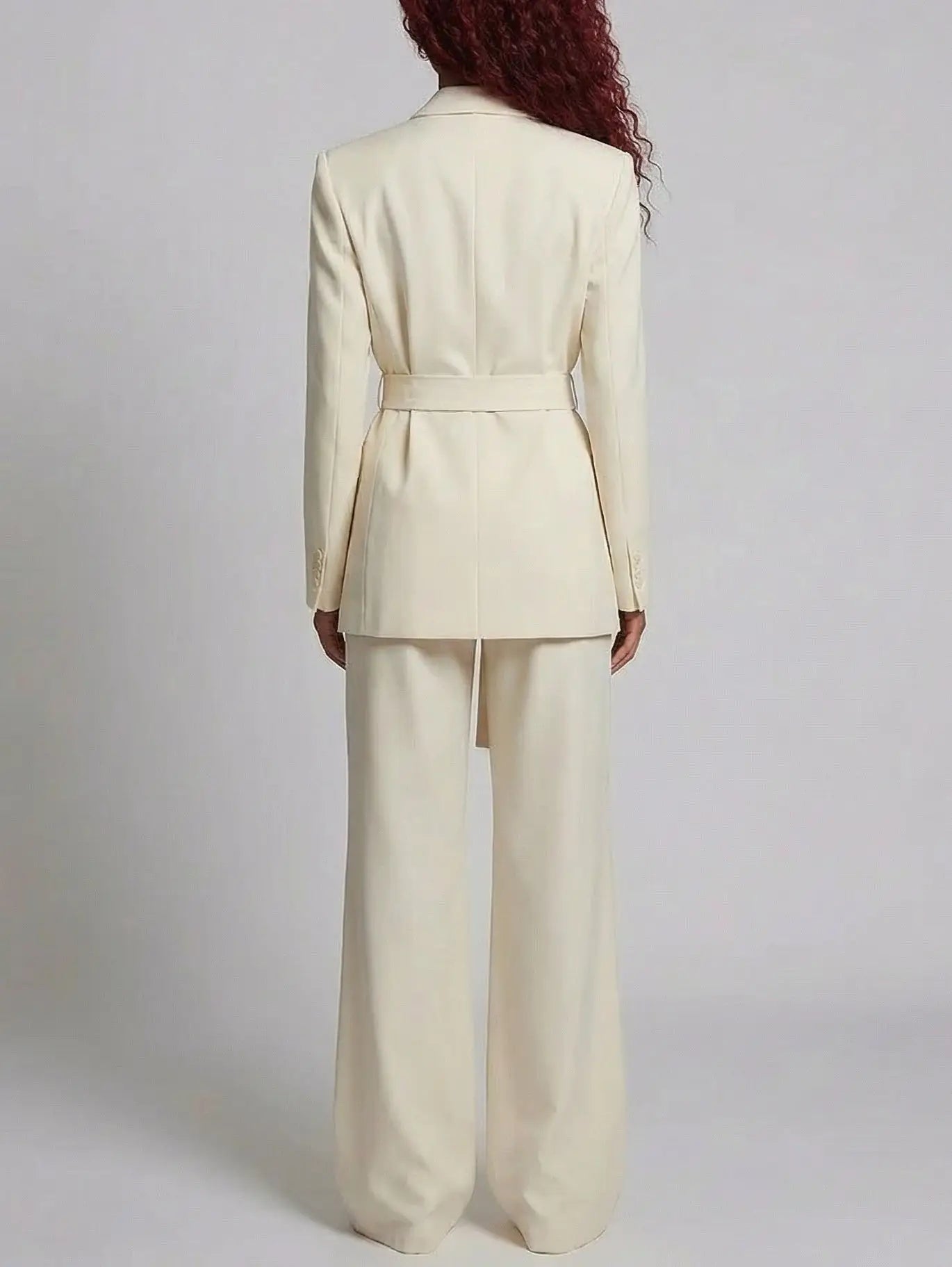 Belted Tailored Blazer and Wide-Leg Trouser Suit in Cream - Suits & Sets