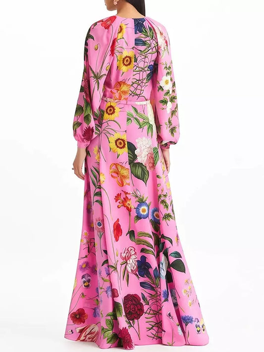 Belted Button-Front Floral-Print Pink Long-Sleeve Maxi Dress