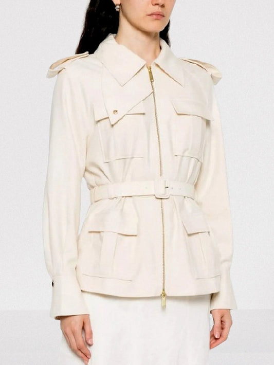 Belted Cream Jacket with Multi Flap Pockets - Jackets