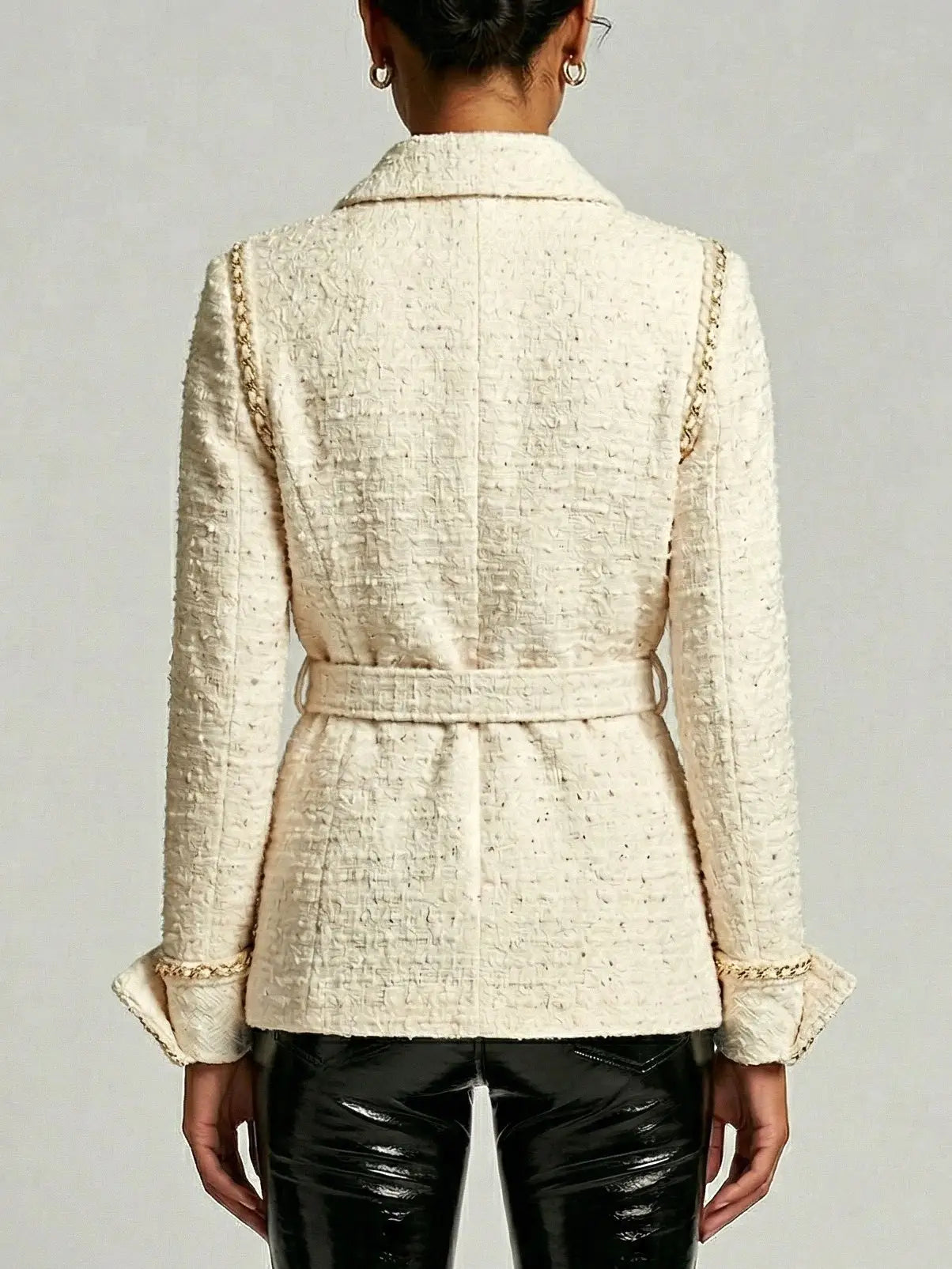 Belted Cream Tweed Jacket with Gold Chain Trim - Jackets