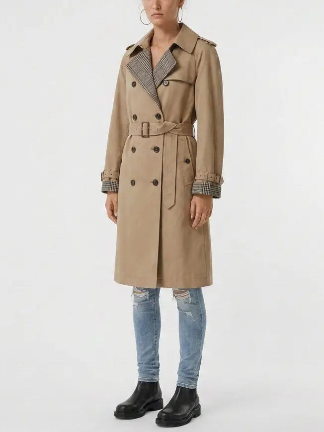 Belted Double-Breasted Trench Coat with Check Trim - Coats