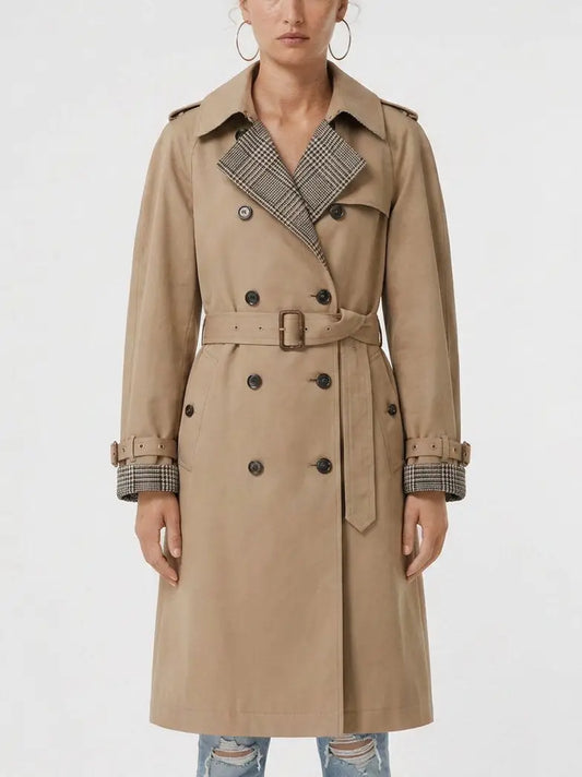 Belted Double-Breasted Trench Coat with Check Trim - Coats