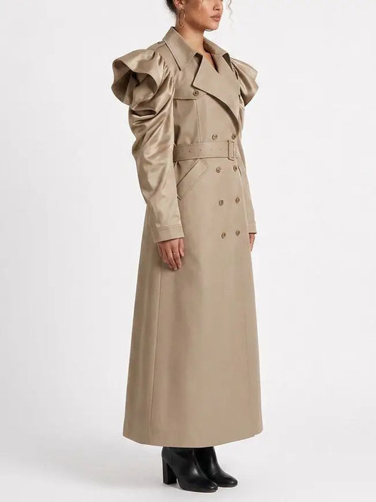 Belted Double-Breasted Trench Coat with Draped Sleeves - Coats