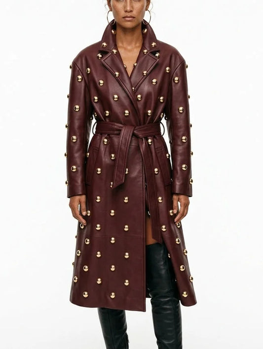 Belted Embellished Leather Long Trench Coat - Coats