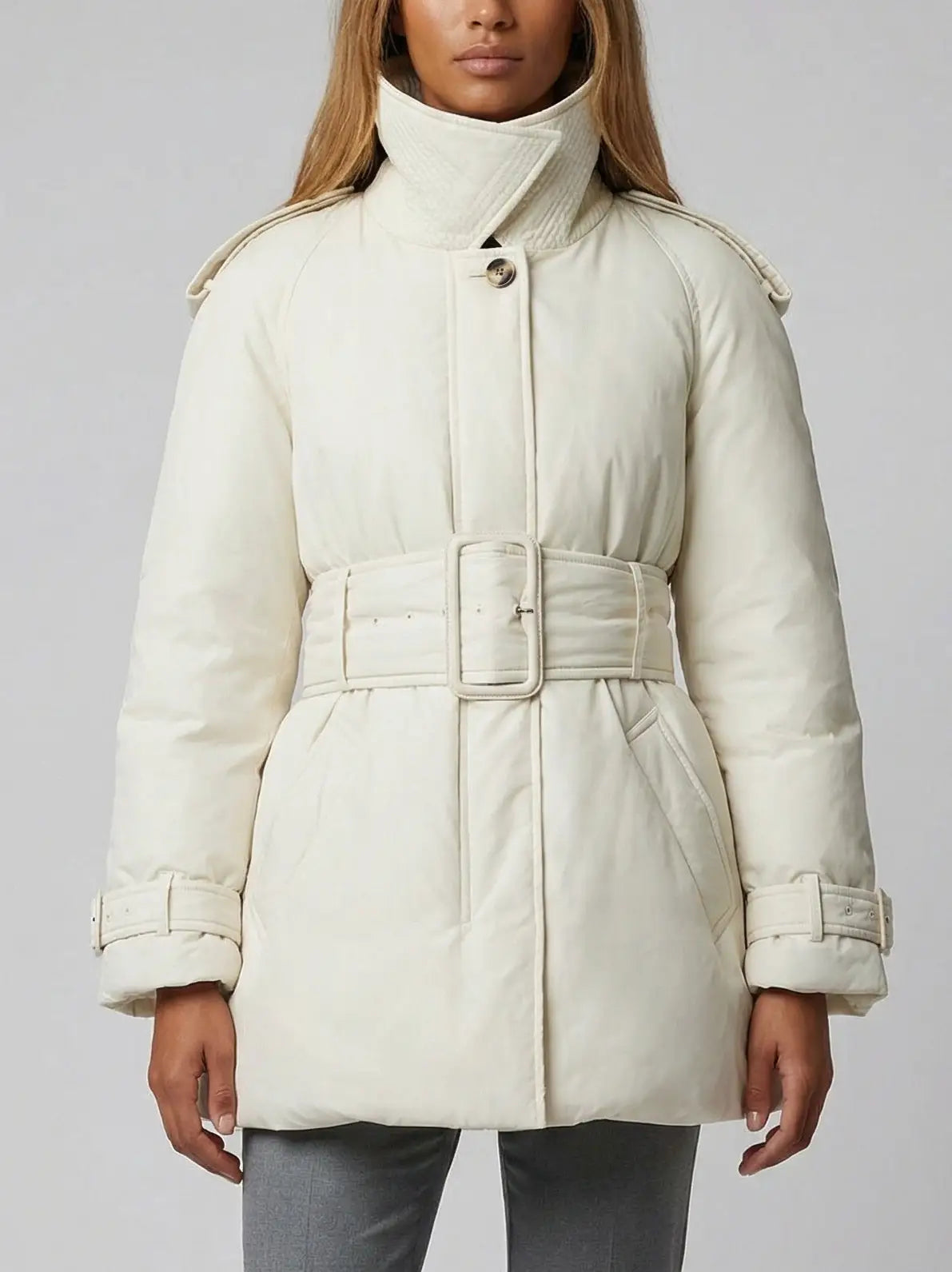Belted Feather Down Puffer Jacket - Small / White - Jackets