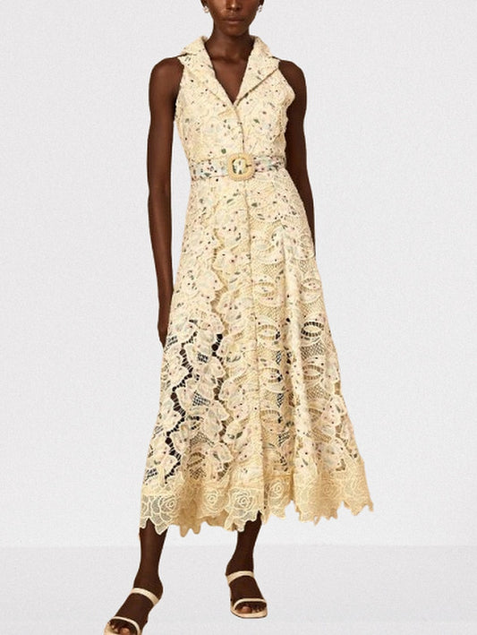 Belted Floral-Embroidered Cut-Out Midi Dress - Dresses