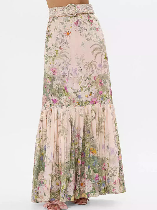 Belted Floral-Print Silk and Linen Maxi Skirt - Skirts
