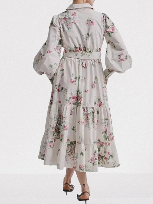 Belted Floral Bouquet Print Bishop-Sleeve Dress - Dresses