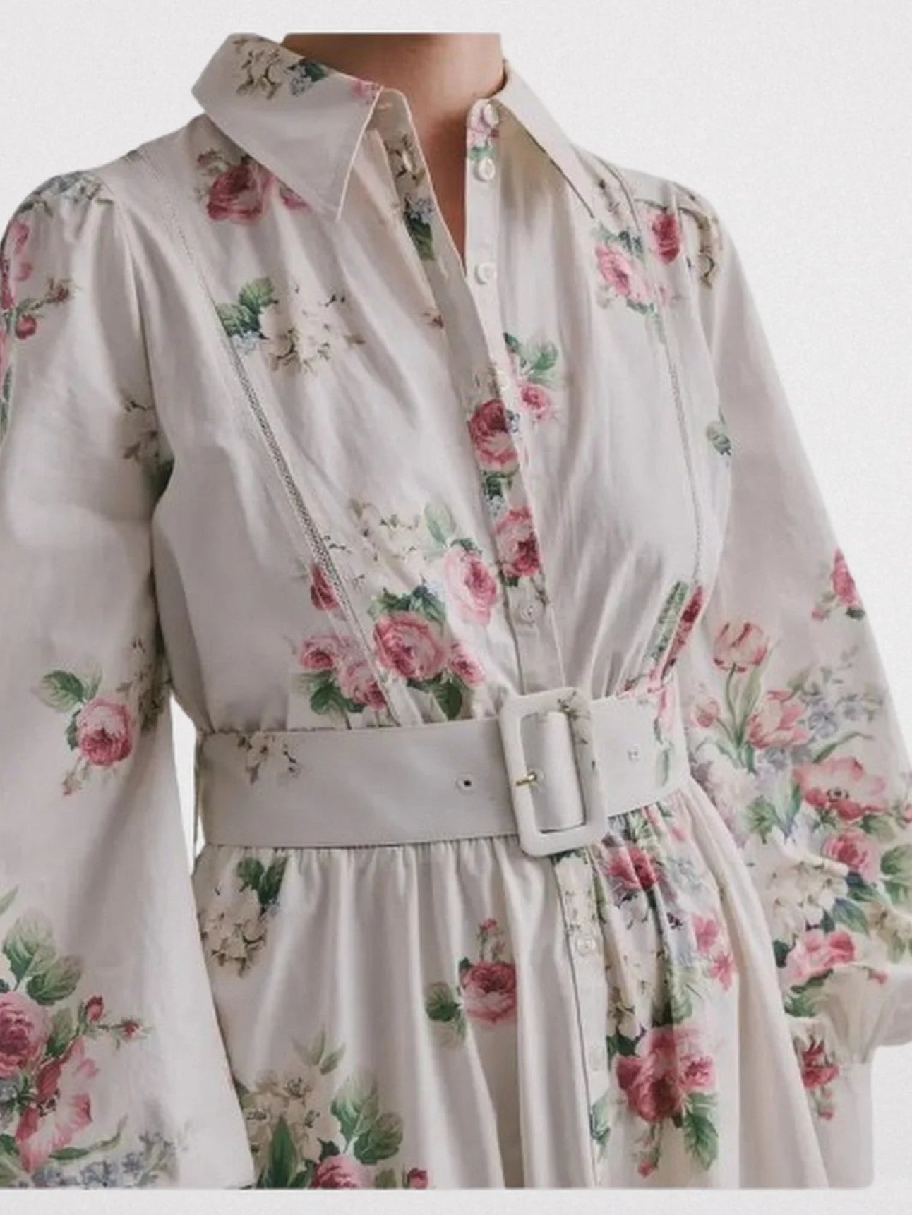 Belted Floral Bouquet Print Bishop-Sleeve Dress - Dresses