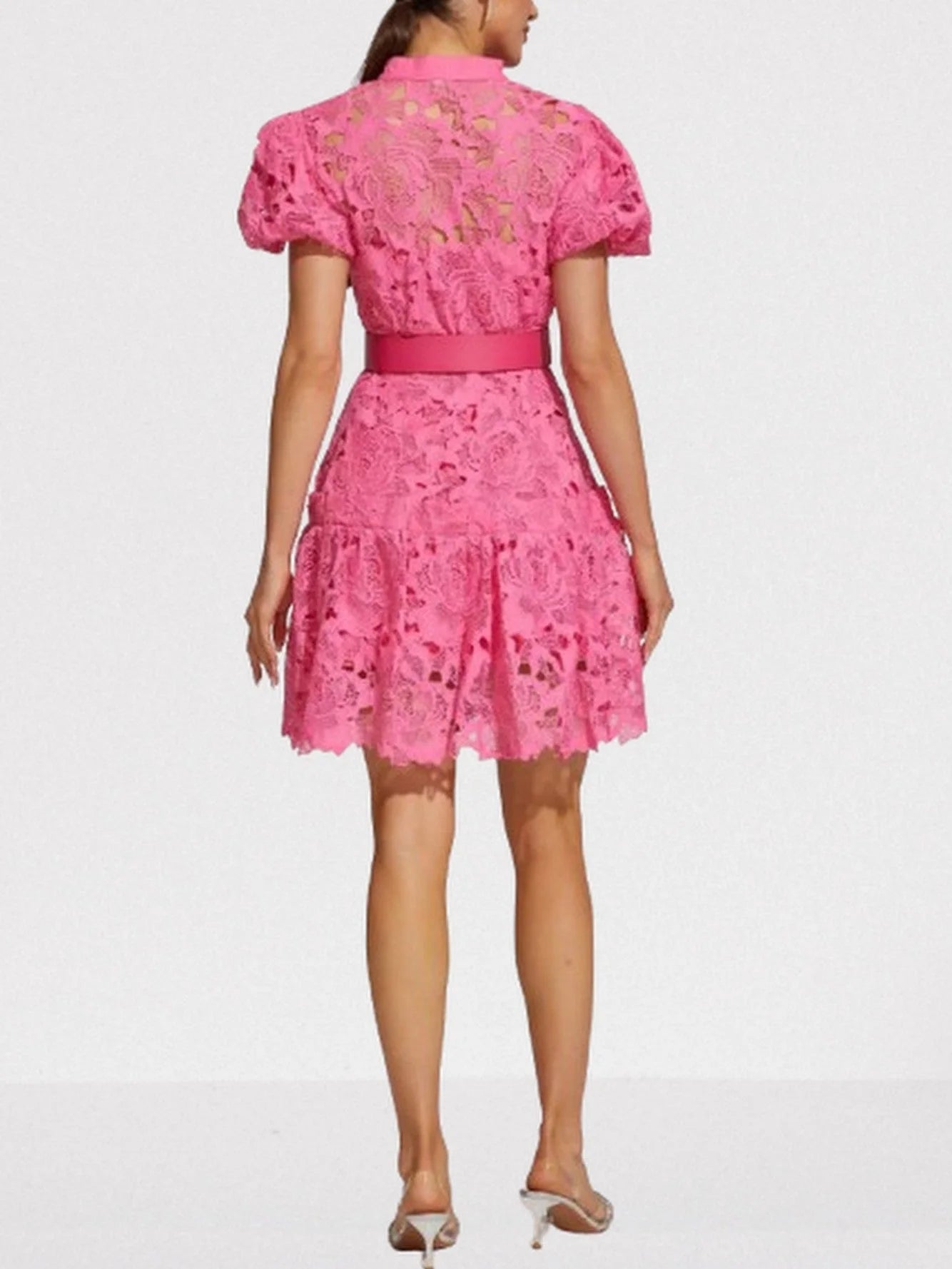 Belted Fuchsia Lace Mini Dress - Dresses