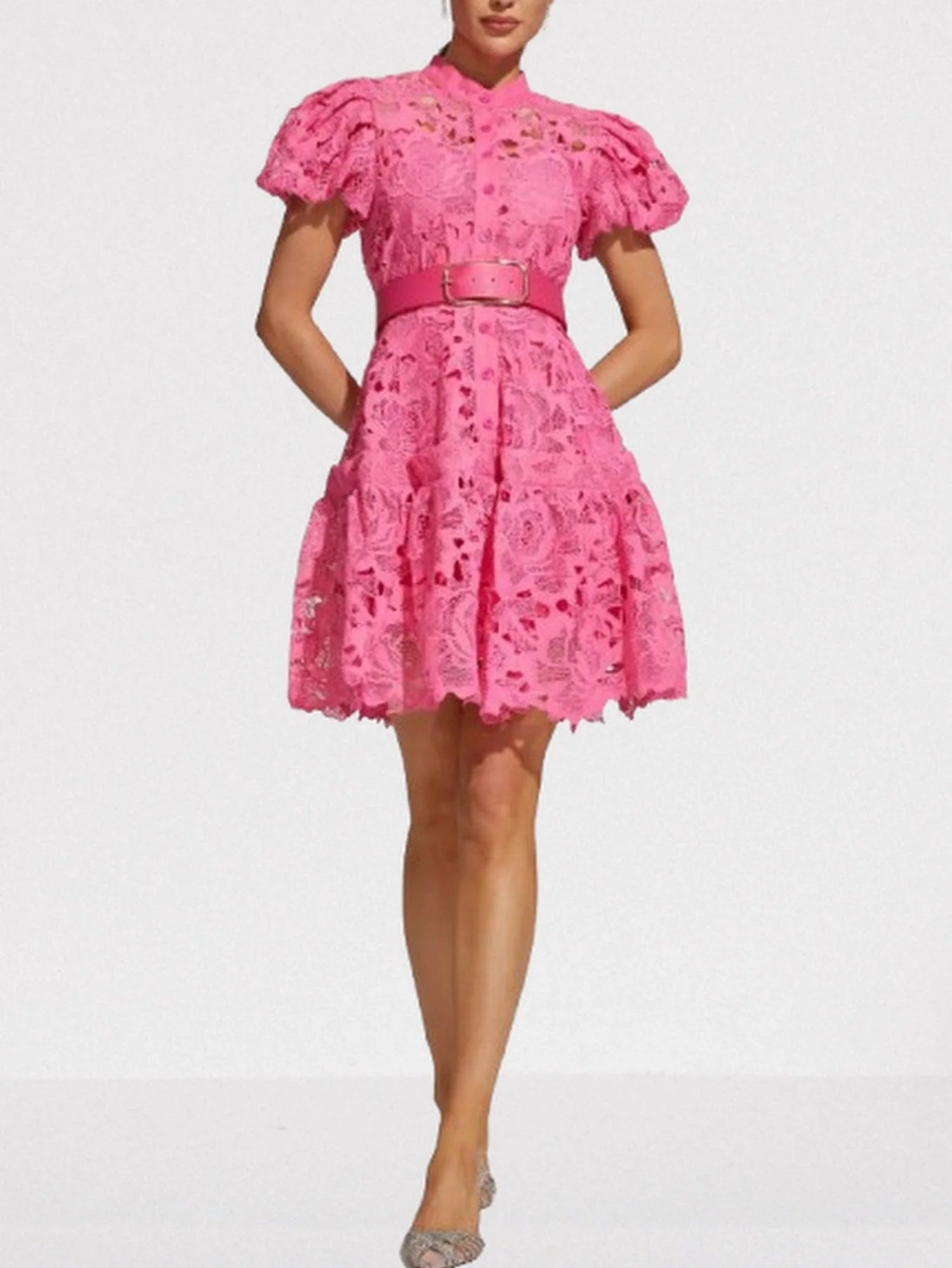 Belted Fuchsia Lace Mini Dress - Dresses