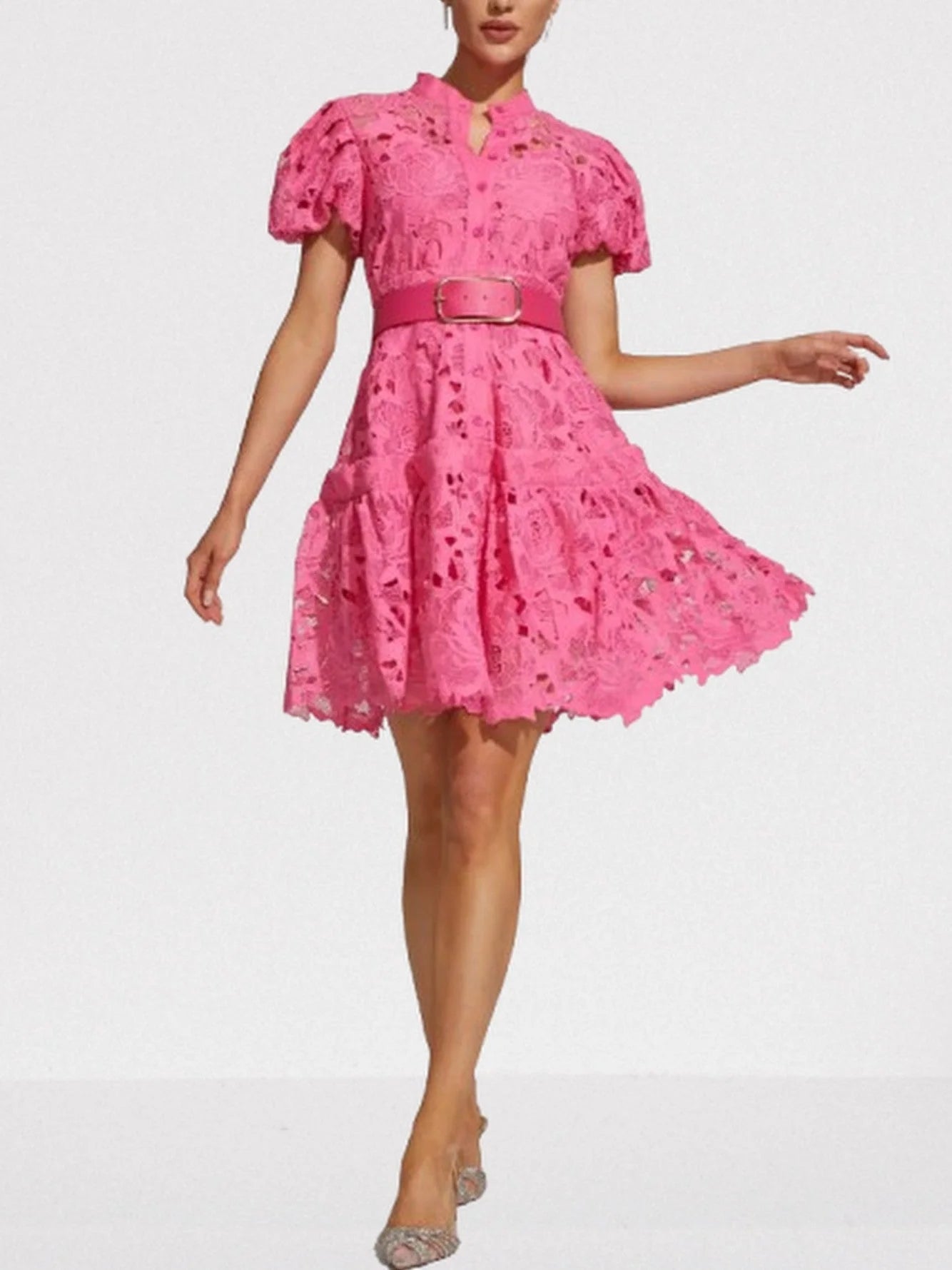 Belted Fuchsia Lace Mini Dress - Dresses