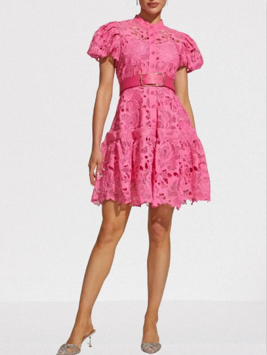 Belted Fuchsia Lace Mini Dress - Dresses