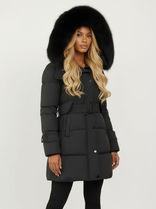 Belted Fur-Hooded Down Coat in Black