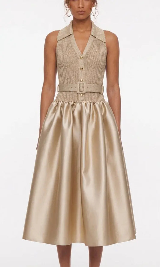 Belted Gold Knit and Satin Midi Dress - Dresses