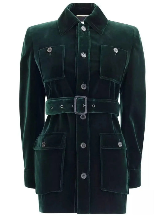 Belted Green Velvet Saharienne Jacket - Jackets
