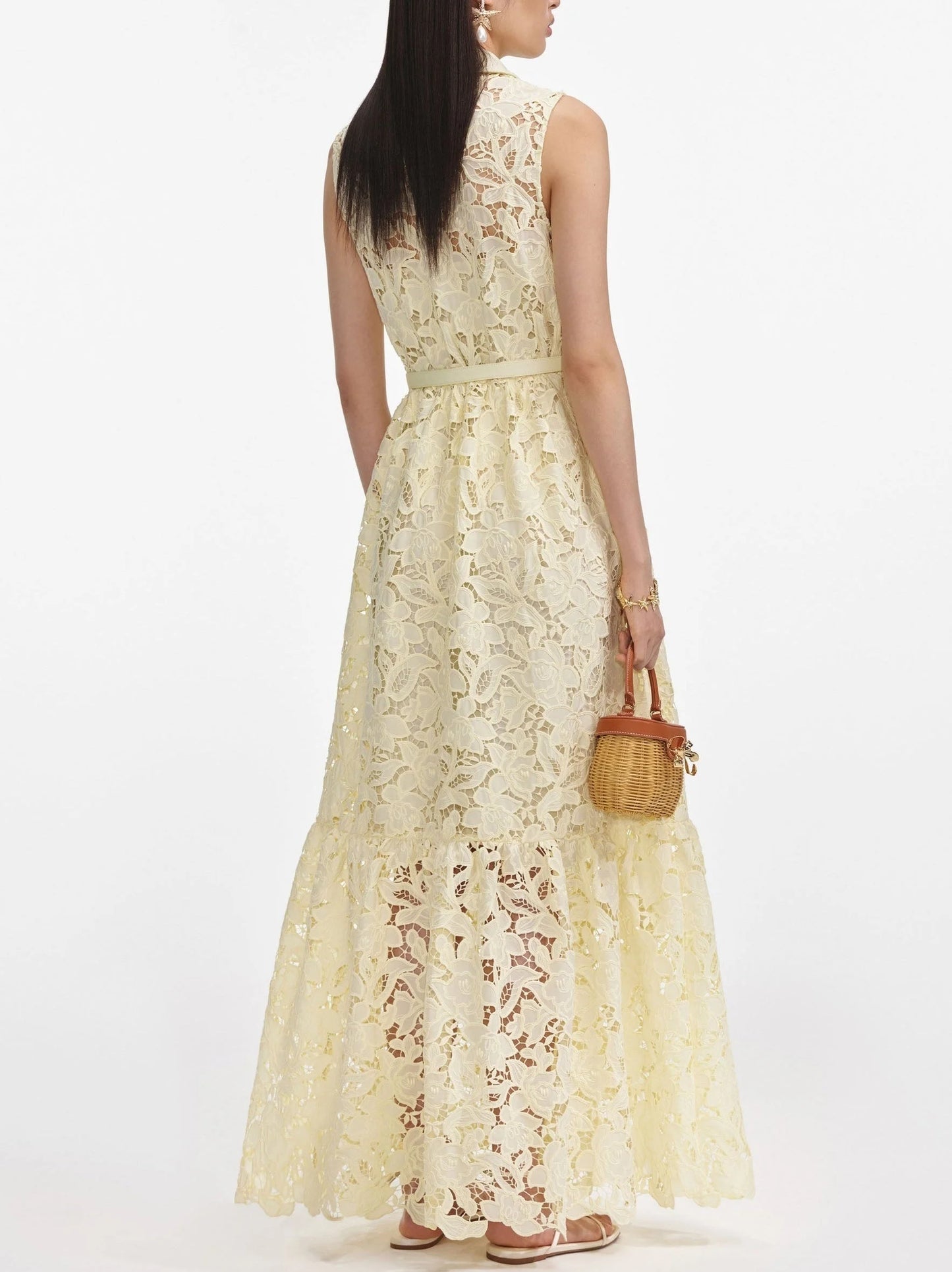 Belted Lace Sleeveless Maxi Dress in Yellow Dresses