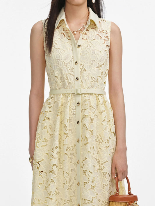 Belted Lace Sleeveless Maxi Dress in Yellow Dresses