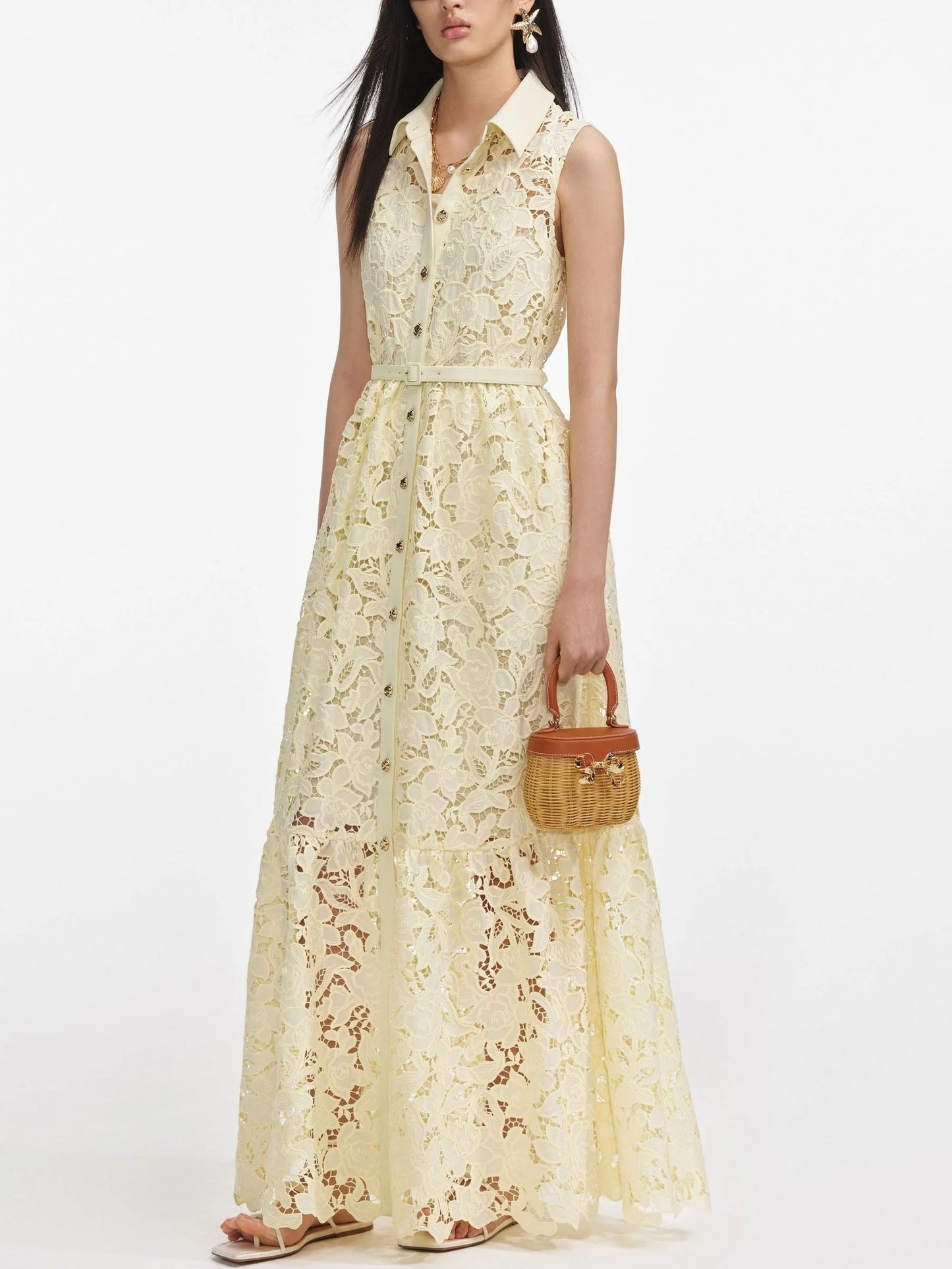 Belted Lace Sleeveless Maxi Dress in Yellow Dresses