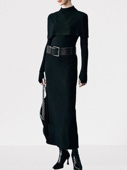 Belted Long Black Capelet High-Neck Dress - Dresses