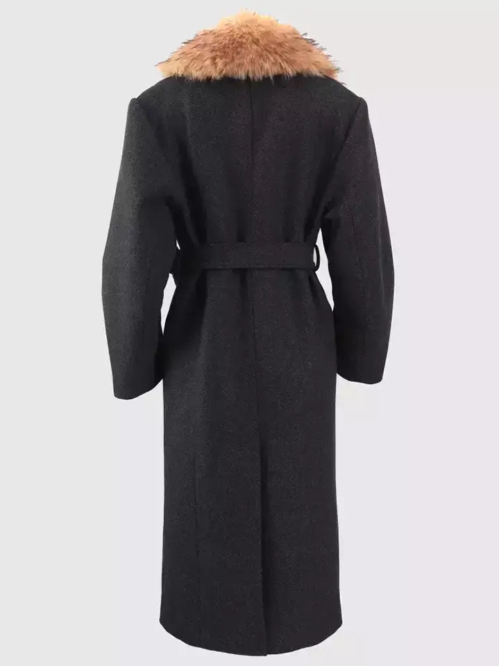 Belted Long Wool-Blend Coat with Faux-Fur Collar - Coats