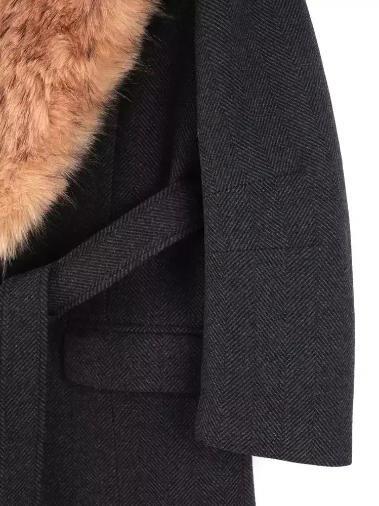 Belted Long Wool-Blend Coat with Faux-Fur Collar - Coats