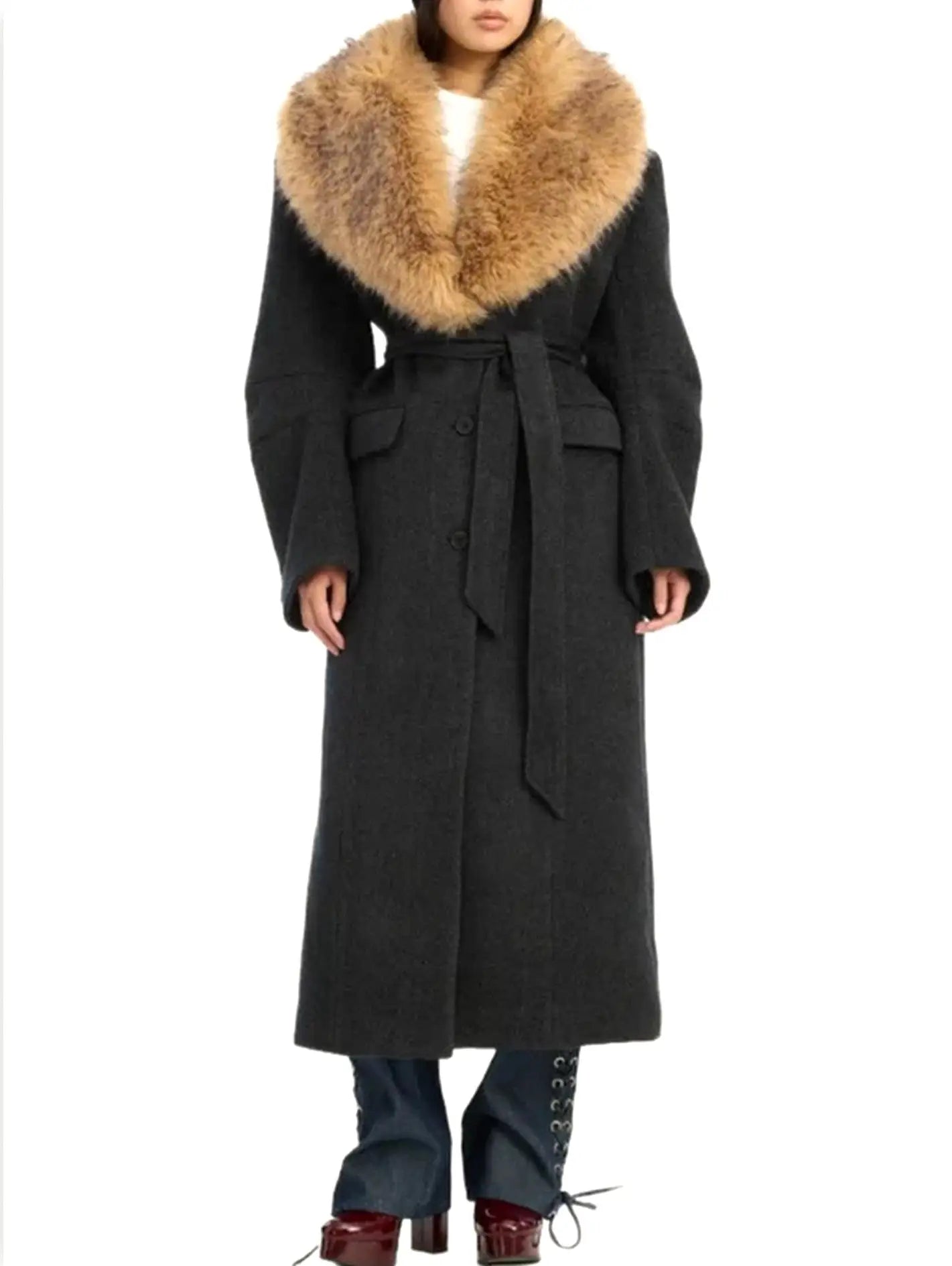 Belted Long Wool-Blend Coat with Faux-Fur Collar - Coats