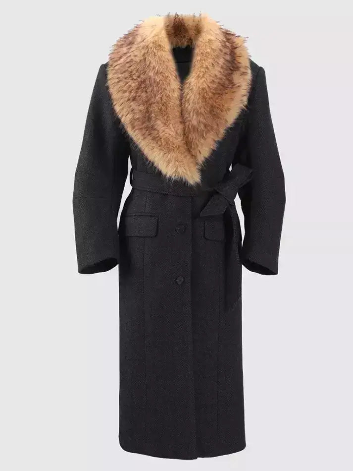 Belted Long Wool-Blend Coat with Faux-Fur Collar - Coats