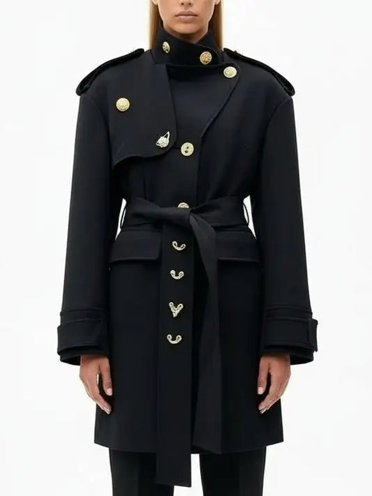 Belted Military-Style Coat with Gold Crest Buttons - Small - Coats