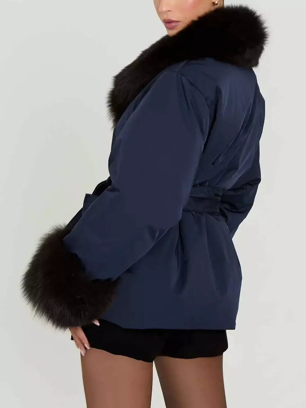 Belted Navy Down Jacket with Fur Trim - Jackets