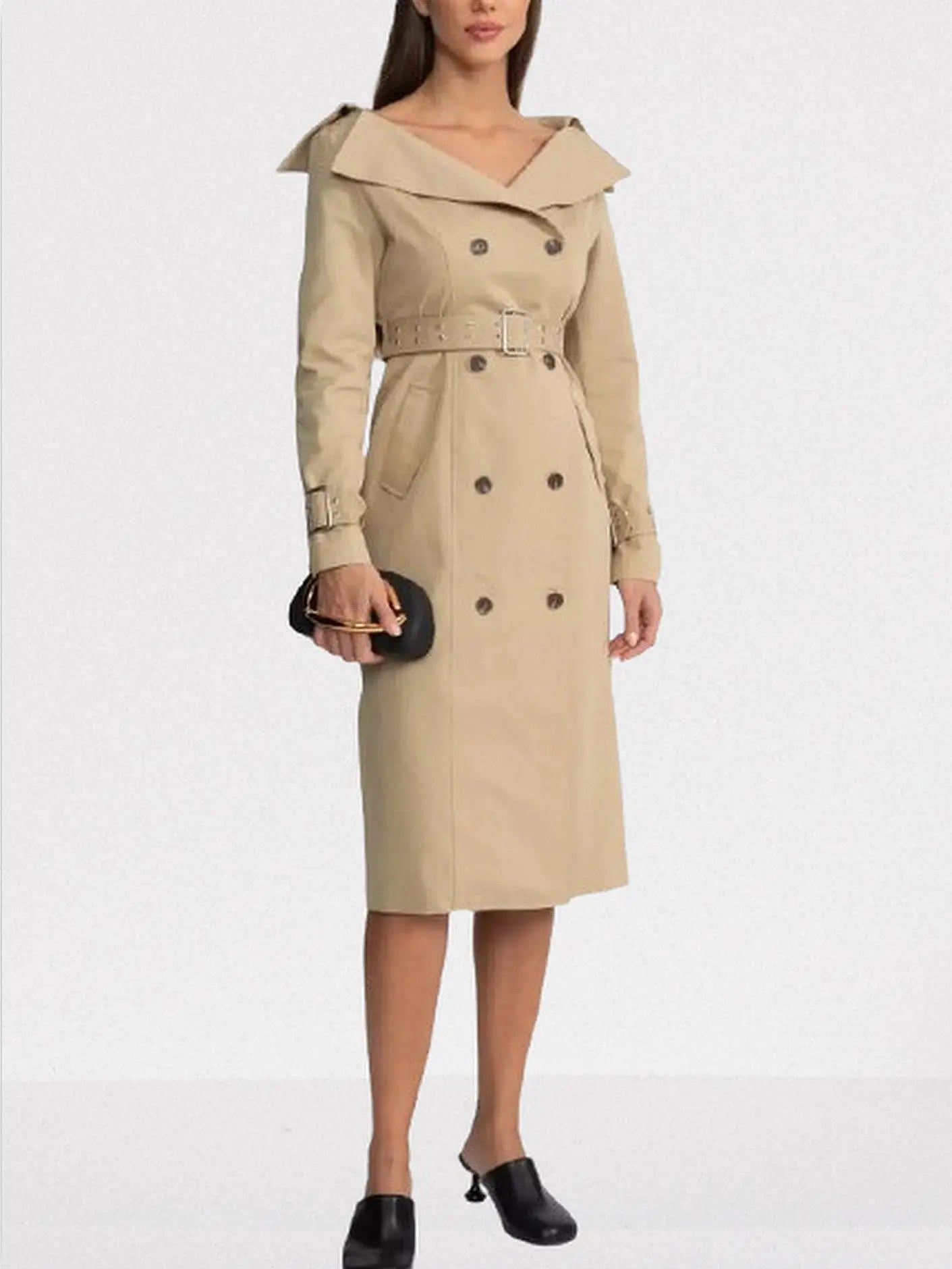 Belted Off-Shoulder Double-Breasted Trench Coat - Coats