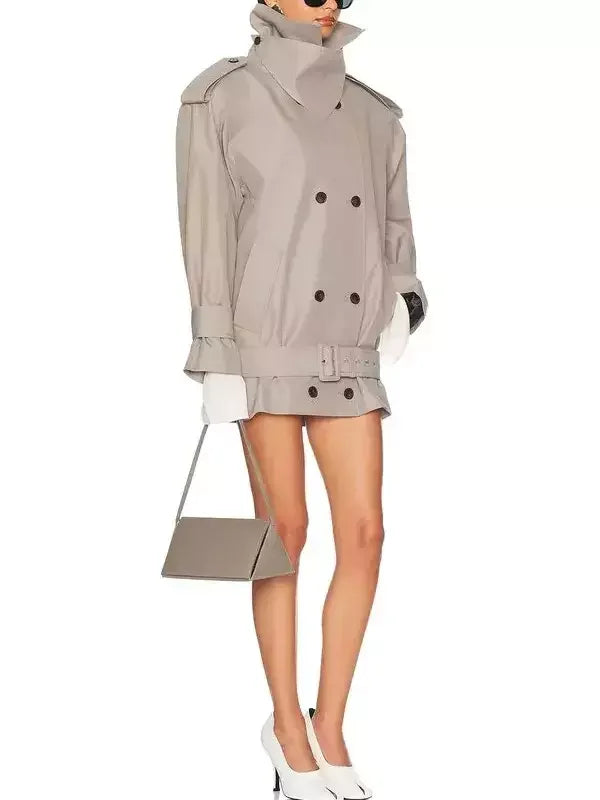 Belted Oversize Double-Breasted Short Trench Coat - Jackets