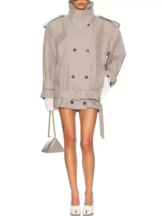 Belted Oversize Double-Breasted Short Trench Coat - Jackets