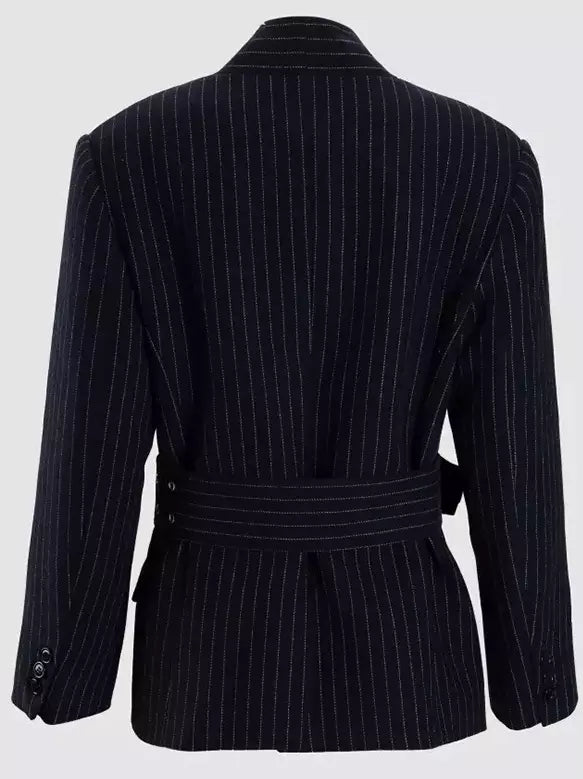 Belted Pinstripe Wool-Blend Blazer