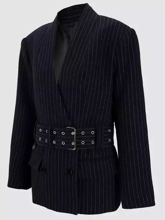 Belted Pinstripe Wool-Blend Blazer