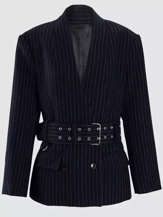 Belted Pinstripe Wool-Blend Blazer