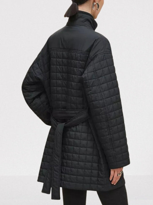 Belted Quilted High-Collar Coat - Coats