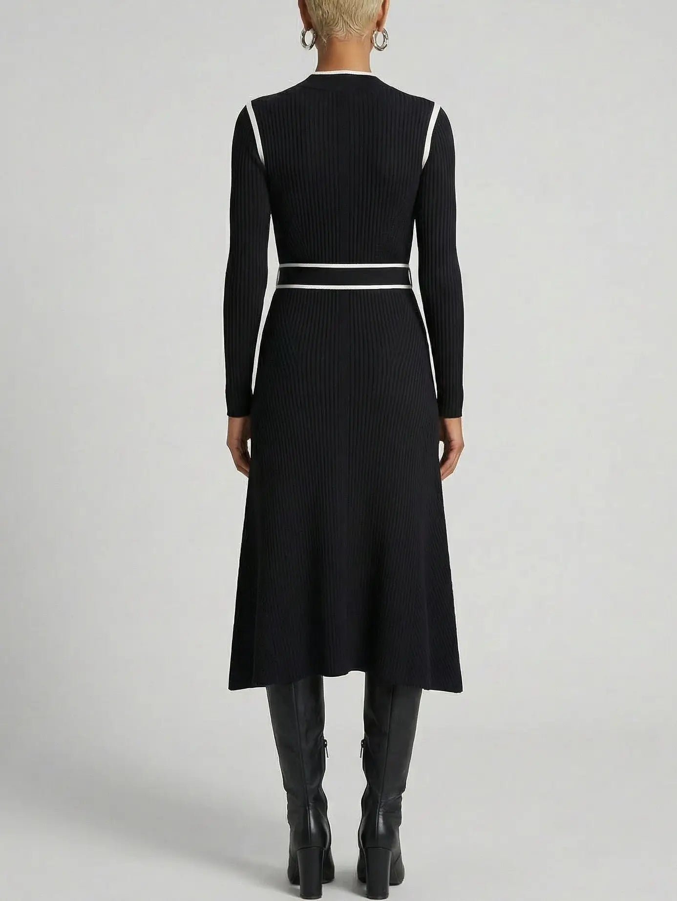 Belted Ribbed Knit Midi Dress with White Contrast Trim - Dresses