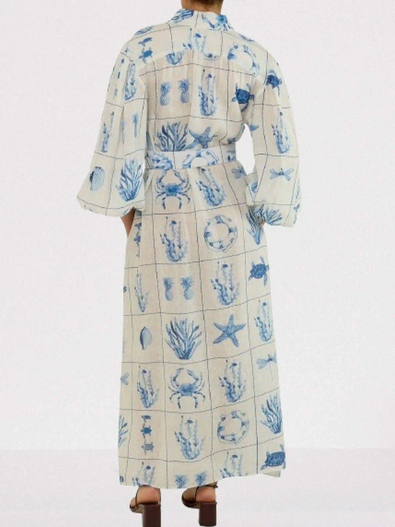 Belted Sea Life Printed Linen Maxi Dress - Dresses